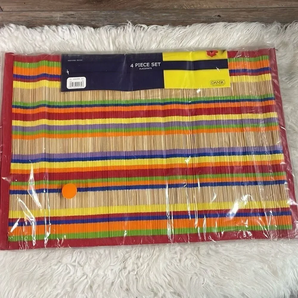 Dansk Antigua Stripe Rainbow Color New NIP 4 Piece Set Placemats Bamboo Cotton